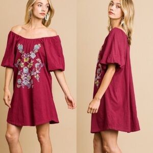 [Umgee] Floral Embroidered Puff Sleeve Minidress in Sangria NWT medium